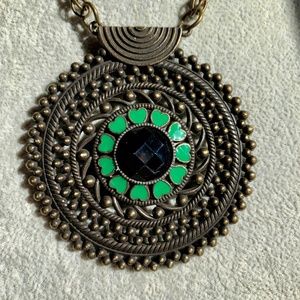 💚 Antiqued Large Metal Medallion With Green Enamel Hearts Statement Necklace 💚